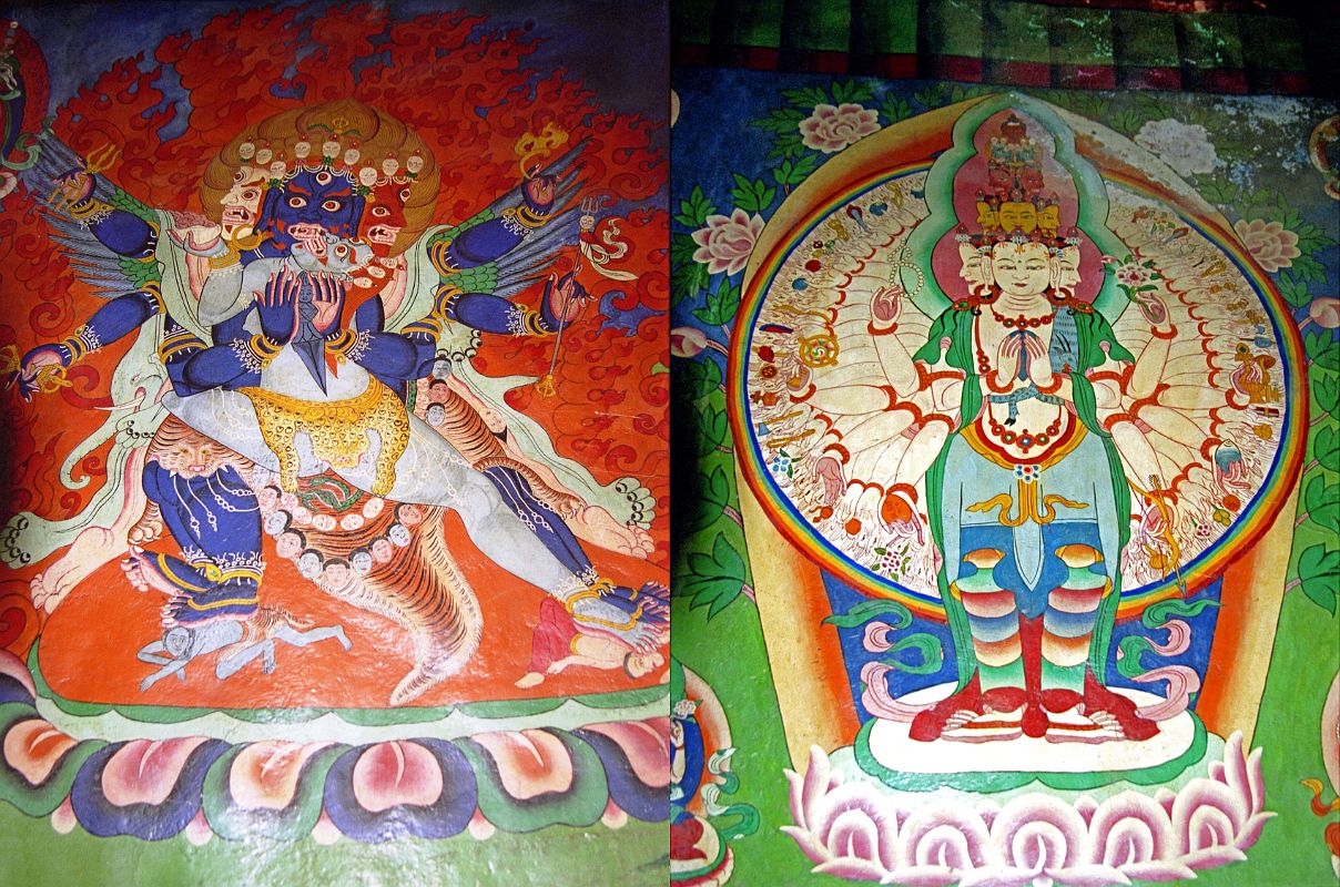 109 Marpha Gompa Paintings - 6-Armed Mahakala With Consort, 1000-armed 11-headed Avalokiteshvara The Marpha Gompa has a paintings of the fierce 6-armed Mahakala, embracing his consort. The monk pointed out his wings, his tiger skin, and his necklace of skulls. Fierce indeed! On the other wall of the Marpha Gompa, I spotted a 1000-armed 11-headed Avalokiteshvara.